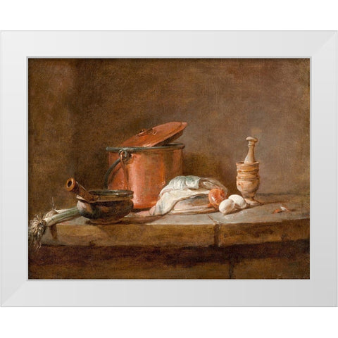 Kitchen Utensils with Leeks, Fish, and Eggs White Modern Wood Framed Art Print by Chardin, Jean-Simeon