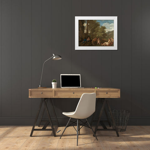 Nymphs and a Satyr White Modern Wood Framed Art Print by Poussin, Nicolas