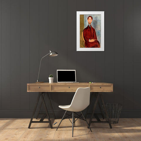 Portrait of Leopold Zborowski in red suit White Modern Wood Framed Art Print by Modigliani, Amedeo