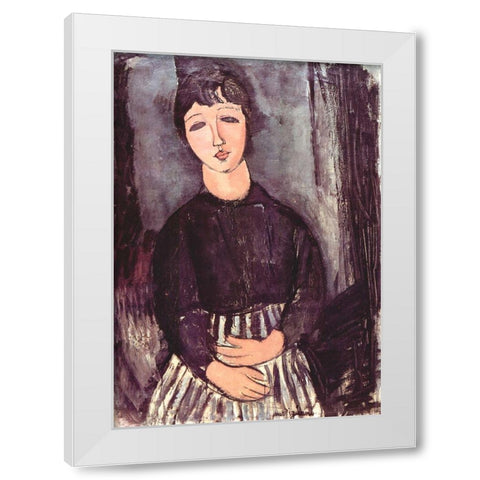 Seated girl in striped skirt White Modern Wood Framed Art Print by Modigliani, Amedeo