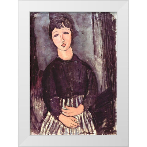 Seated girl in striped skirt White Modern Wood Framed Art Print by Modigliani, Amedeo