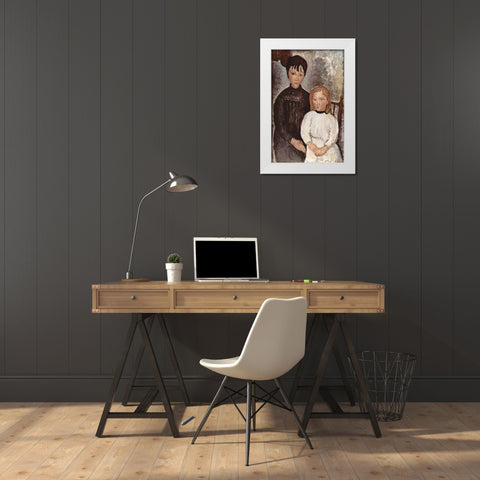 Seated Children White Modern Wood Framed Art Print by Modigliani, Amedeo