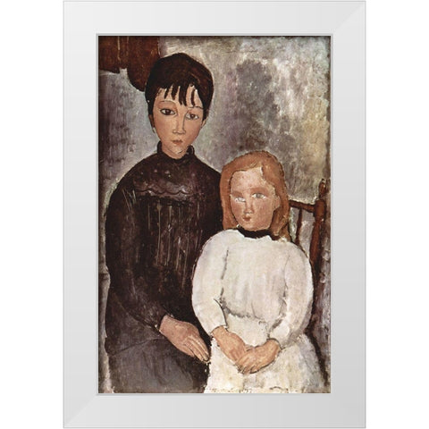 Seated Children White Modern Wood Framed Art Print by Modigliani, Amedeo