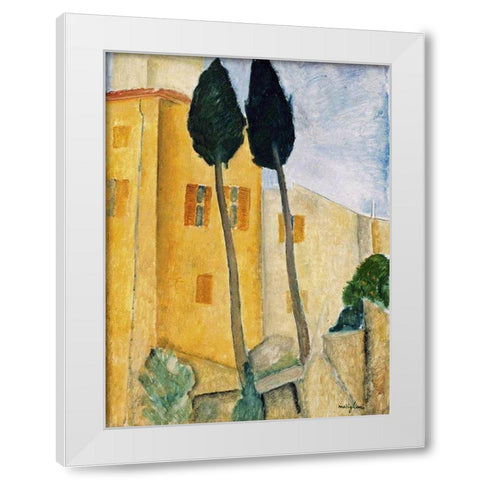Cypress Trees and Houses, Midday Landscape 1919 White Modern Wood Framed Art Print by Modigliani, Amedeo