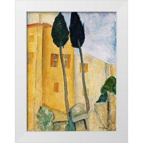 Cypress Trees and Houses, Midday Landscape 1919 White Modern Wood Framed Art Print by Modigliani, Amedeo