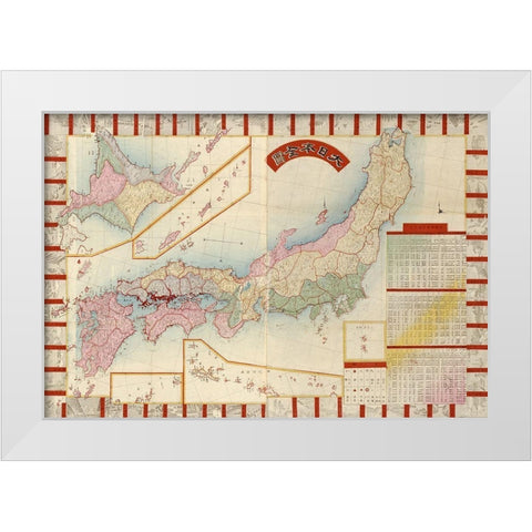 Japan with Points of Interest and table of Counties White Modern Wood Framed Art Print by Vintage Maps