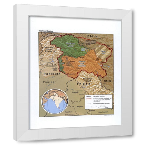 Kashmir-India White Modern Wood Framed Art Print by Vintage Maps