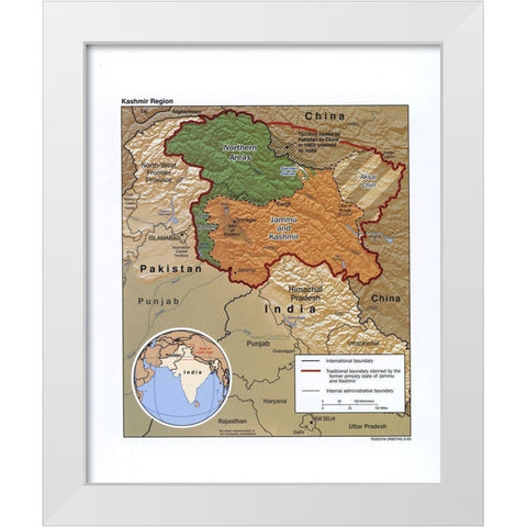 Kashmir-India White Modern Wood Framed Art Print by Vintage Maps