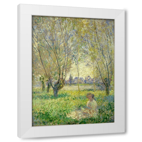 Woman Seated under the Willows White Modern Wood Framed Art Print by Monet, Claude