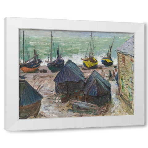 Boats on the Beach at Étretat White Modern Wood Framed Art Print by Monet, Claude