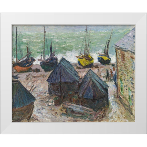 Boats on the Beach at Étretat White Modern Wood Framed Art Print by Monet, Claude