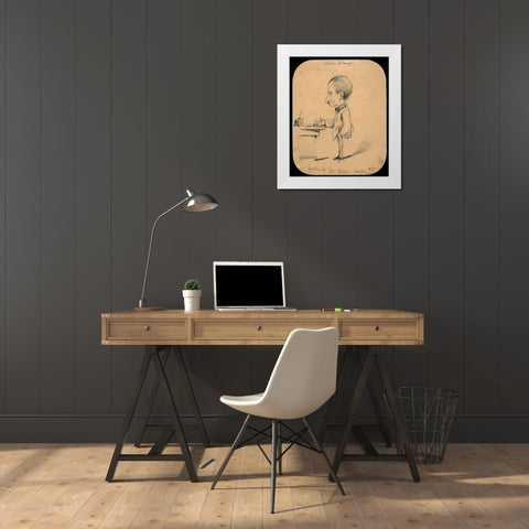 Caricature of a Man Standing by Desk White Modern Wood Framed Art Print by Monet, Claude
