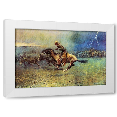 The Stampede White Modern Wood Framed Art Print by Remington, Frederic