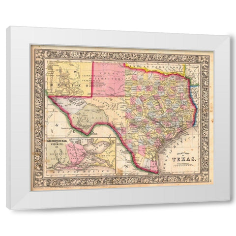 County Map Of Texas, 1864 White Modern Wood Framed Art Print by Mitchell, Samuel Augustus