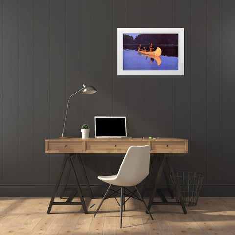 Evening On A Canadian Lake-Two men and a dog in a canoe White Modern Wood Framed Art Print by Remington, Frederic