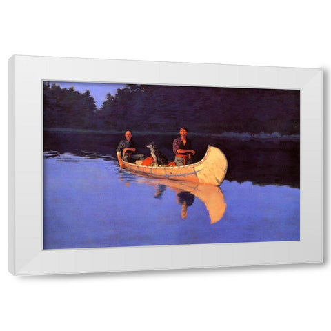 Evening On A Canadian Lake-Two men and a dog in a canoe White Modern Wood Framed Art Print by Remington, Frederic
