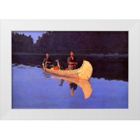 Evening On A Canadian Lake-Two men and a dog in a canoe White Modern Wood Framed Art Print by Remington, Frederic