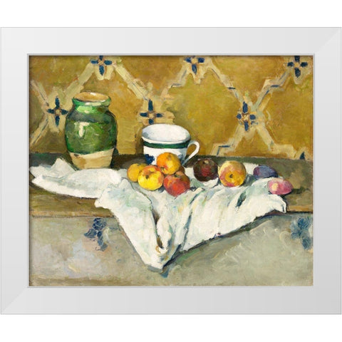 Still Life with Jar, Cup, and Apples  White Modern Wood Framed Art Print by Cezanne, Paul