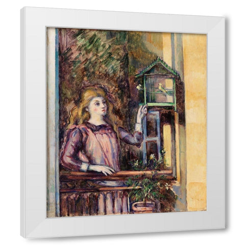 Girl with Birdcage White Modern Wood Framed Art Print by Cezanne, Paul