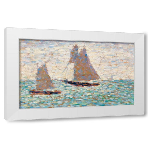 Two Sailboats at Grandcamp White Modern Wood Framed Art Print by Seurat, Georges