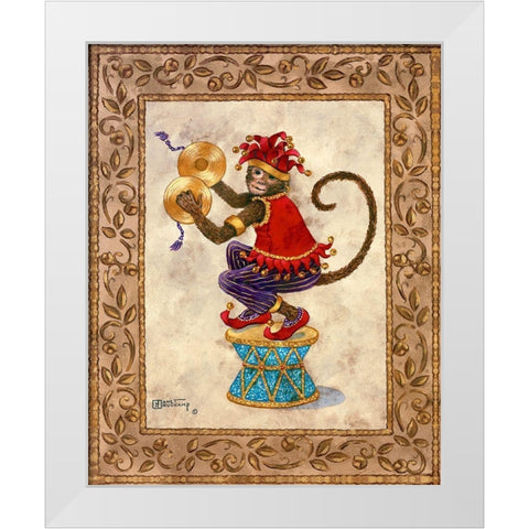 Monkey With Cymbals White Modern Wood Framed Art Print by Kruskamp, Janet