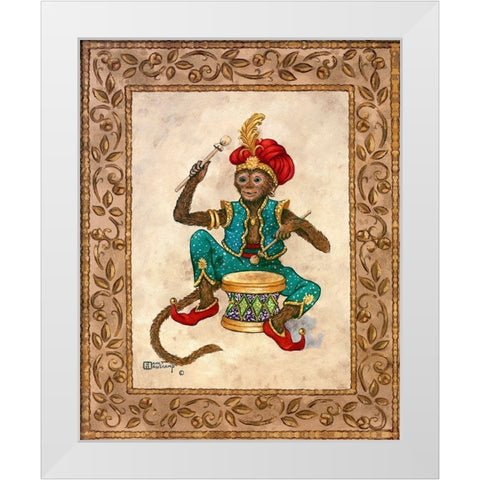 Monkey with Drum White Modern Wood Framed Art Print by Kruskamp, Janet