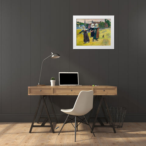 Breton Girls Dancing, Pont-Aven White Modern Wood Framed Art Print by Gauguin, Paul