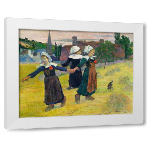 Breton Girls Dancing, Pont-Aven White Modern Wood Framed Art Print by Gauguin, Paul