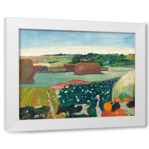 Haystacks in Brittany White Modern Wood Framed Art Print by Gauguin, Paul