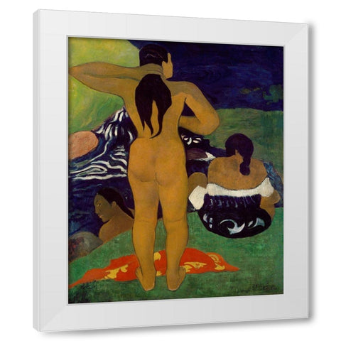 Tahitian Women Bathing White Modern Wood Framed Art Print by Gauguin, Paul