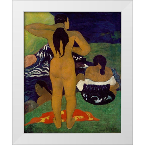 Tahitian Women Bathing White Modern Wood Framed Art Print by Gauguin, Paul