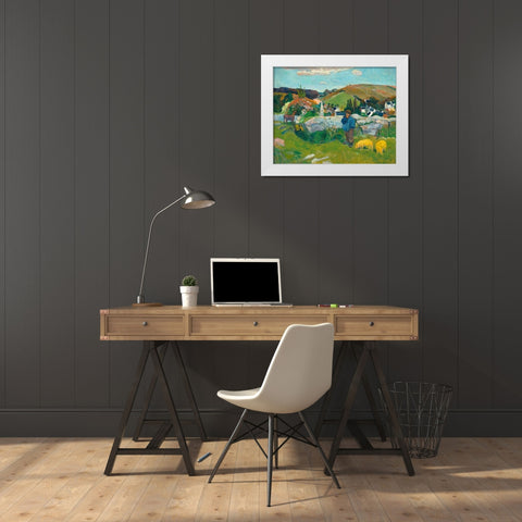 The Swineherd White Modern Wood Framed Art Print by Gauguin, Paul