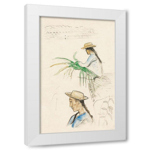 Sketches of Figures, Pandanus Leaf, and Vanilla Plant White Modern Wood Framed Art Print by Gauguin, Paul