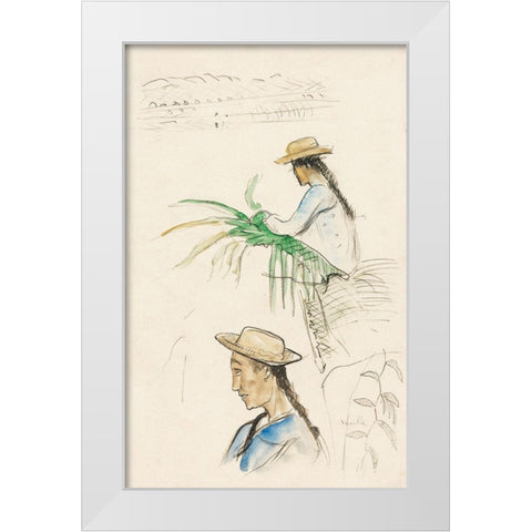Sketches of Figures, Pandanus Leaf, and Vanilla Plant White Modern Wood Framed Art Print by Gauguin, Paul