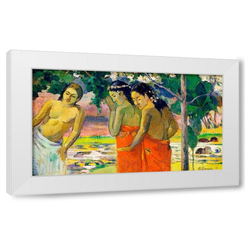 Three Tahitian Women White Modern Wood Framed Art Print by Gauguin, Paul
