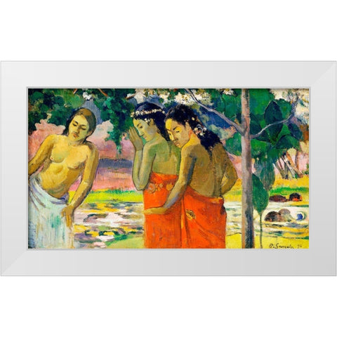Three Tahitian Women White Modern Wood Framed Art Print by Gauguin, Paul