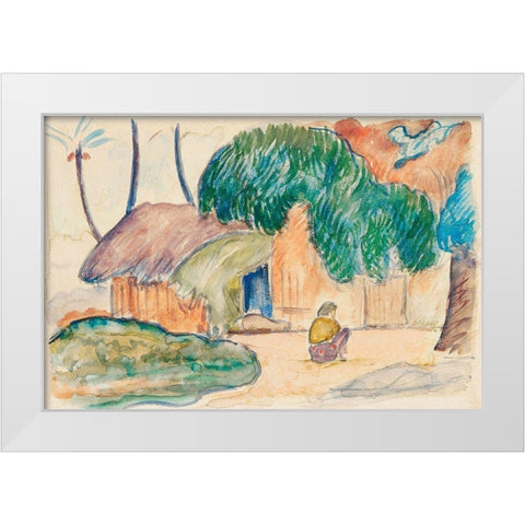 Tahitian Hut White Modern Wood Framed Art Print by Gauguin, Paul