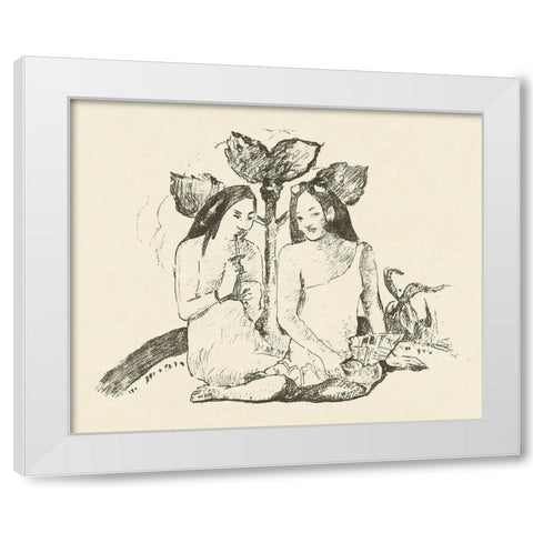 Two Sitting Maori Women White Modern Wood Framed Art Print by Gauguin, Paul