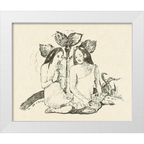 Two Sitting Maori Women White Modern Wood Framed Art Print by Gauguin, Paul