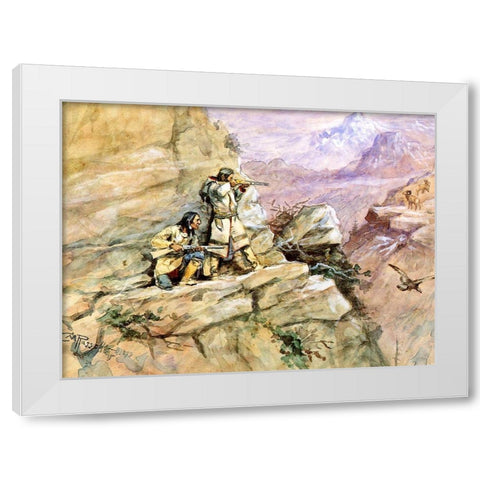 Hunting Big Horn Sheep White Modern Wood Framed Art Print by Russell, Charles Marion