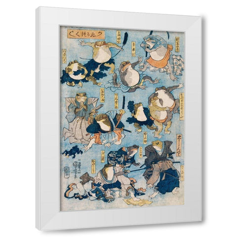Famous Heroes of the Kabuki Stage Played by Frogs White Modern Wood Framed Art Print by Kuniyoshi, Utagawa