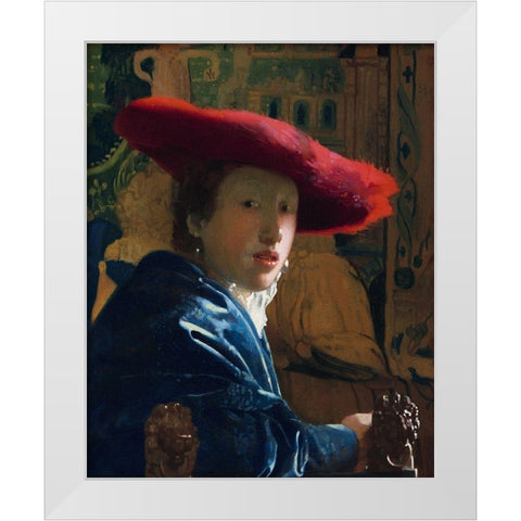 Girl with the Red Hat White Modern Wood Framed Art Print by Vermeer, Johannes