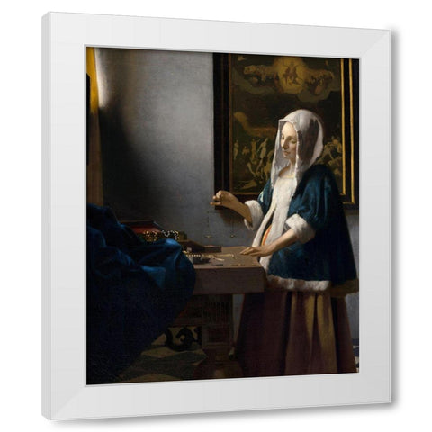 Woman Holding a Balance White Modern Wood Framed Art Print by Vermeer, Johannes