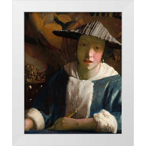Girl with a Flute White Modern Wood Framed Art Print by Vermeer, Johannes