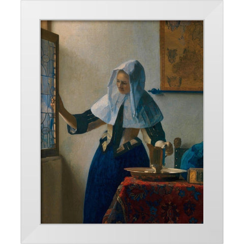 Young Woman with a Water Pitcher White Modern Wood Framed Art Print by Vermeer, Johannes
