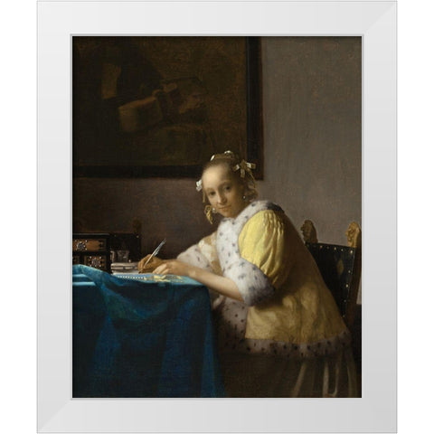 A Lady Writing a Letter White Modern Wood Framed Art Print by Vermeer, Johannes