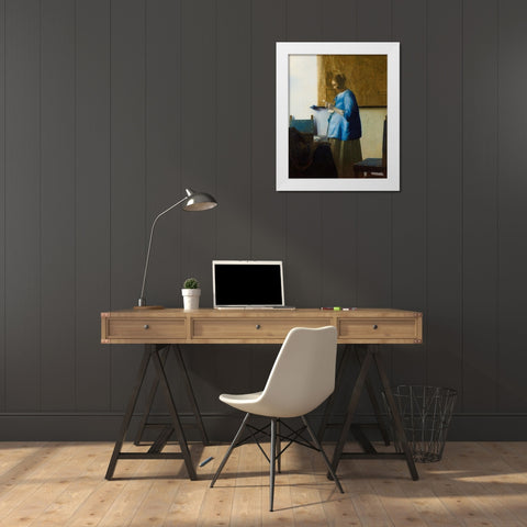Woman Reading a Letter White Modern Wood Framed Art Print by Vermeer, Johannes