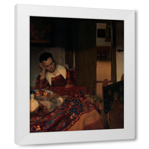 A Maid Asleep White Modern Wood Framed Art Print by Vermeer, Johannes