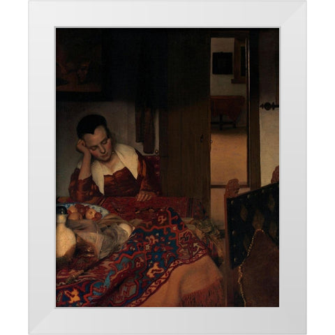 A Maid Asleep White Modern Wood Framed Art Print by Vermeer, Johannes