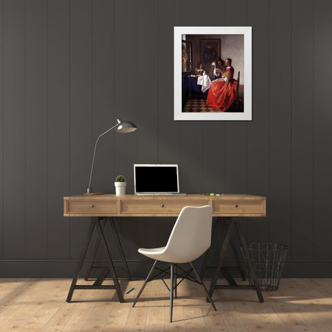 A Lady and Two Gentlemen White Modern Wood Framed Art Print by Vermeer, Johannes